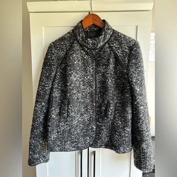 Sandro Paris Petite Bouclé Jacket Black White Trimmed Coat - Picture 2 of 9